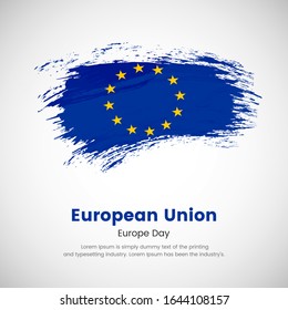 Brush Painted Grunge Flag Of European Union Country. Europe Day Of European Union. Abstract Creative Painted Grunge Brush Flag Background.