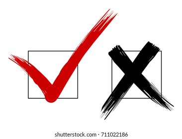 Brush Painted Hand Drawn Check Marks in Boxes Isolated on White Background. Choice Concept. Vector Illustration