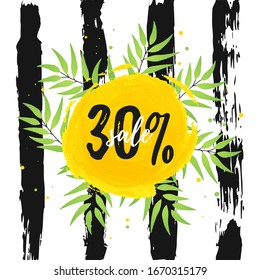 Pincel pintado memphis abstracto ilustración de diseño de fondo. Trazo de tinta vectorial como círculo. Diseño pintado perfecto para titular, logotipo y banner de venta. Venta 30 de póster en fondo de rayas