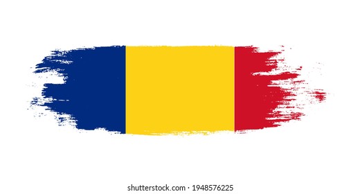Brush painted national flag of Romania country isolated on white with design element in texture style