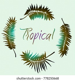 Brush painted silhouette of tropical palm tree leaves elements. Vector grunge sumi-e design for cards, web, backgrounds and natural product.