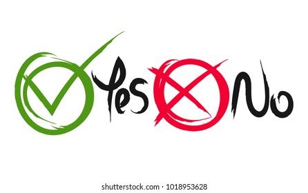 Brush painted tick and cross signs. Circle symbols green checkmark Yes and red No icons isolated on white background. Vector illustration  for vote, decision, web.