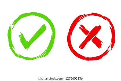 Pincel pintado Tick y carteles cruzados. SÍ y NO iconos para votar en círculo. Ilustración vectorial de símbolos verdes y rojos aislados en fondo blanco