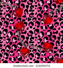 Brush painted tiger seamless pattern. Pink leopard spots and chained red heart background.