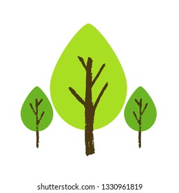 Brush painted tree isolated on a white background. Hand-drawn trees in cartoon style
