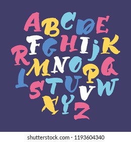 Brush painted vector alphabet. Kids abc set. Cute cartoon letters.