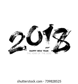 Brush painted vector illustration of the 2018 New Year. The year of the dog. Handwritten lettering isolated on white background for your poster, banner, invitation or greeting card design