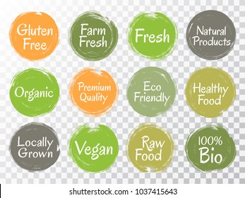 Brush painted vector organic labels, green and orange bio icons set for menu or food pack. Vegan, gluten free, fresh raw healthy food, premium quality, locally grown eco friendly icons isolated.