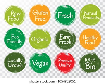 Brush painted vector organic labels, green, orange and red bio icons set for menu or food pack. Vegan, gluten free, fresh raw healthy food, premium quality, locally grown eco friendly icons isolated.