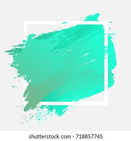 Brush painted watercolor design over white square frame. Perfect acrylic design for poster, wallpaper, headline, and sale banner. Abstract background of EPS10 vector illustration. Blue green gradient.