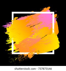 Brush painted watercolor design over white square frame. Perfect acrylic design for poster, headline, and sale banner. Abstract background of EPS10 vector illustration. Pink orange yellow gradient.