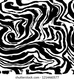 Brush painted wave seamless pattern. Black and white stripes grunge background.