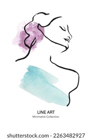 brush painted woman's portrait. elegant minimalist portrait. female face contour. hand drawn vector female. line art.