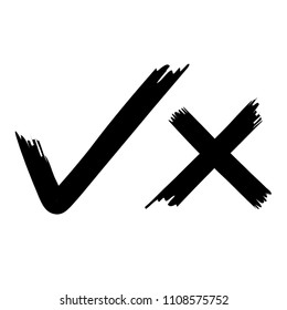 Brush Painted Yes and No Check Mark Icon Isolated on White Background. Monochrome Vector Illustration