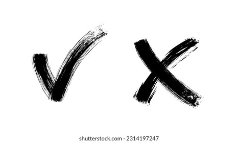 Brush painted yes and no checkmarks. Black and white check and cross signs. Drawn vote approve and reject icons. X and V emblems.