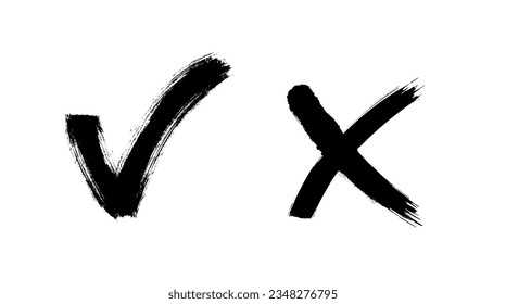 Brush painted yes and no checkmarks. Black and white check and cross signs. Drawn vote approve and reject icons. X and V emblems.