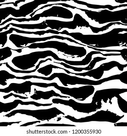 Brush painted zebra seamless pattern. Black and white stripes grunge background.