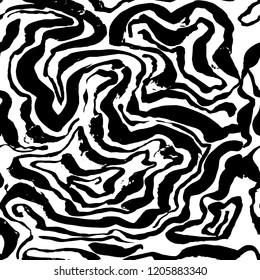Brush painted zebra seamless pattern. Black and white stripes grunge background.