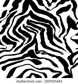 Brush painted zebra seamless pattern. Black and white stripes grunge background.