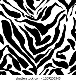 Brush painted zebra seamless pattern. Black and white stripes grunge background.