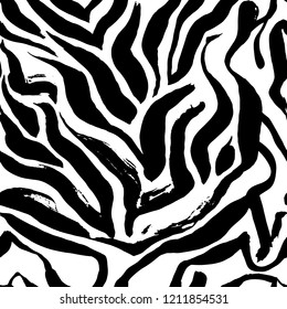 Brush painted zebra seamless pattern. Black and white stripes grunge background.