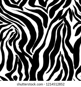 Brush painted zebra seamless pattern. Black and white stripes grunge background.