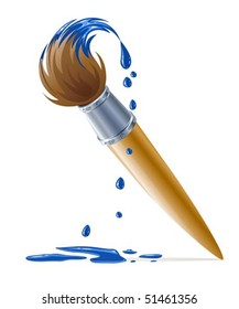 Brush For Painting With Dripping Blue Paint Vector Illustration On White Background