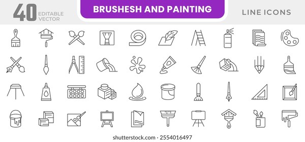 Brush and Painting line icon set. Painting tools, paint, art, canvas, spray, color palette, paint bucket, highlighter, sketchbook, notebook line icon set. Ui thin line icon pack.