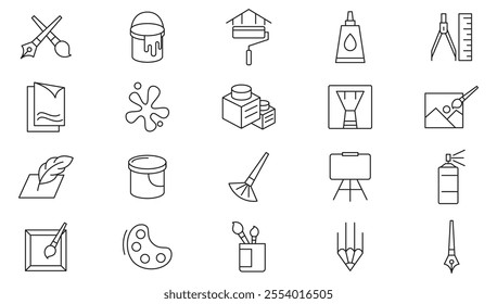 Brush and Painting line icon set. Painting tools, paint, art, canvas, spray, color palette, paint bucket, highlighter, sketchbook, notebook line icon set. Ui thin line icon pack.