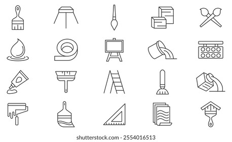 Brush and Painting line icon set. Painting tools, paint, art, canvas, spray, color palette, paint bucket, highlighter, sketchbook, notebook line icon set. Ui thin line icon pack.