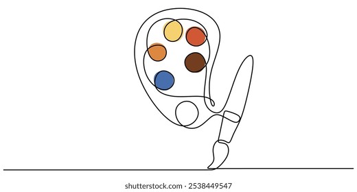 Brush and painting palette depicted in continuous line art. Concept for art tools and creative design, ideal for art supplies and decoration. Minimalist style vector illustration.