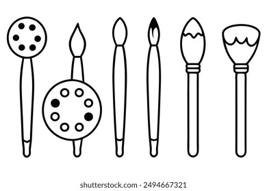 Brush and painting palette line art black white drawing