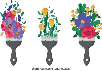 Brush paints with flowers set, spring concept