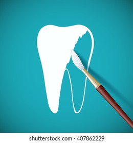 Brush paints over white paint a human tooth. Stock vector illustration.