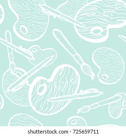 Brush and palette. Back to school illustration. Seamless texture background with pen. Doodle vector elements. Hand drawn sketch. Eps-8