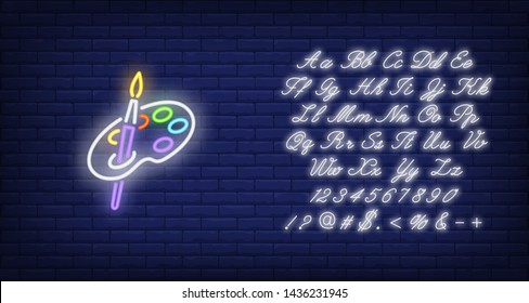 Brush And Palette Neon Sign. Painting And Art Supplies Design. Night Bright Neon Sign, Colorful Billboard, Light Banner. Vector Illustration In Neon Style.