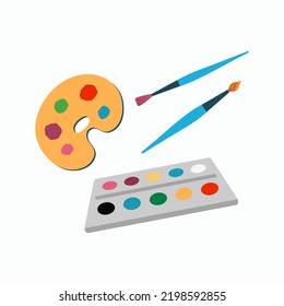 Brush and palette with paints for creativity, Multicolored paints . Vector icon, badge. Flat cartoon illustration.