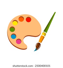 Brush and palette with paints Vector Icon Illustration. Brush paints. Flat Cartoon Style Suitable for Web Landing Page, Banner, Flyer, Sticker, Card. Vector cartoon flat illustration.