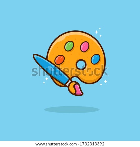 Brush and palette with paints Vector Icon Illustration. Brush paints. Flat Cartoon Style Suitable for Web Landing Page, Banner, Flyer, Sticker, Card. Vector cartoon flat illustration.