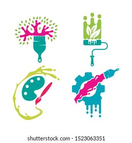 Brush Palette Tree Gear logo template Painting service Set