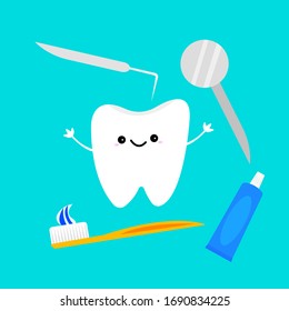 Brush and paste funny cartoon character smiles on a blue background dentistry tools medicine and hygiene concept