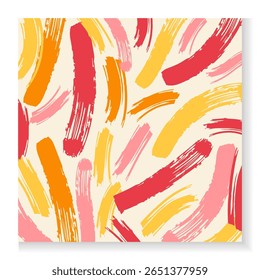 Brush pattern. Seamless design. Abstract red and orange paint lines. Colorful brushstroke, hand drawn swatches. Decor textile, wrapping paper, wallpaper. Print for fabric. Vector isolated illustration