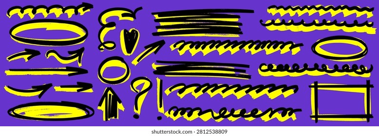 Brush pen doodle and marker highlight collection. Hand drawn underline, arrow, circle and scribble. Marker underline and highlight bring bold life to every line.