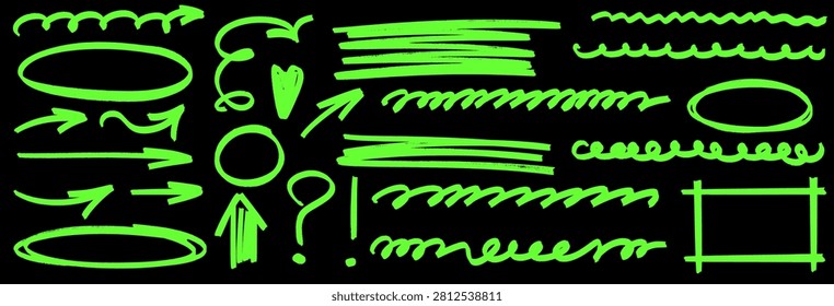 Brush and pen doodle set with marker highlight effects. Scribble underline, arrow and circle drawn by hand. Marker lines and underlines glow with vivid highlight.