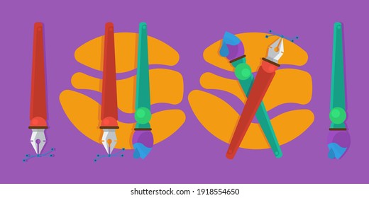 Brush and pen with feather on a colored background. Vector illustration in flat style