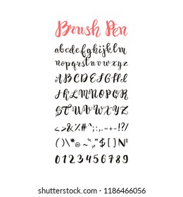 Brush pen handwritten alphabet, letters, numbers and symbols, vector font, handmade, lettering