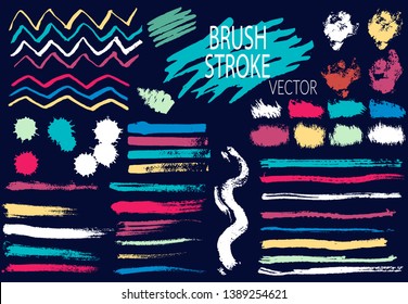 Brush, pen, marker, chalk. Vector distressed grunge modern textured brush stroke. Dry brush. Neon color trendy style. Hand drawn vector.