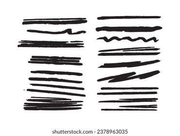 Brush pen strokes isolated set. Brush lines, underline highlighters with splashes. 