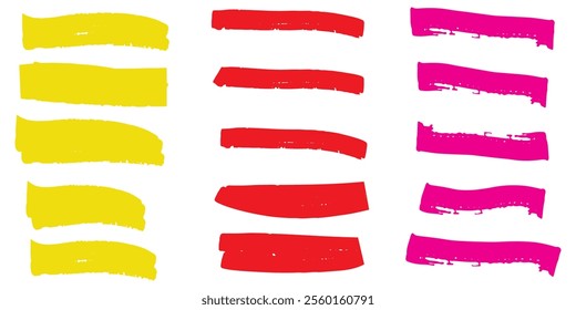 Brush pen strokes isolated set. Brush lines, underline highlighters with splashes. colourful highlighter brush vector, red. yellow, pink highlighters.