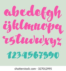 Brush pen style vector alphabet calligraphy low case letters and figures. For expressive brush retro style lettering design.